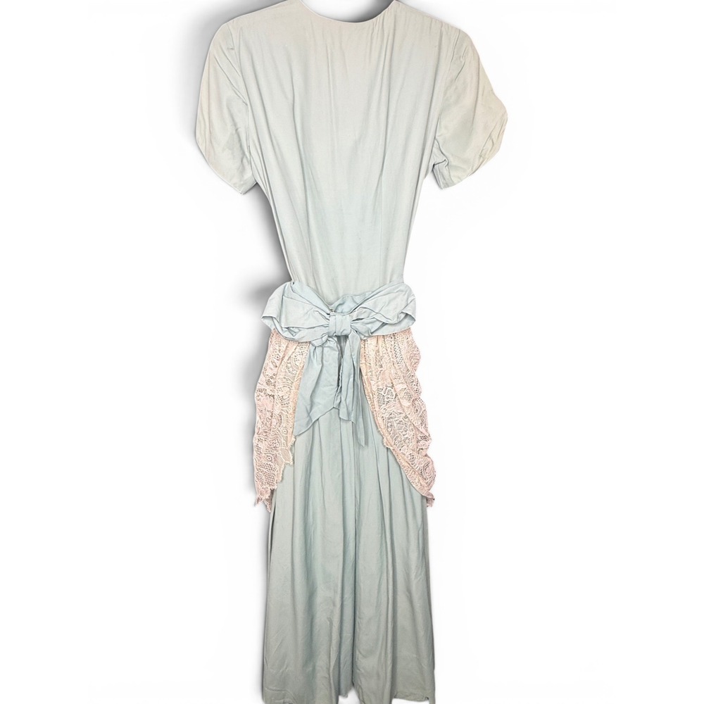 Vintage 1940s Seafoam Green Lace Apron Back Bow Midi Dress Side Metal Zip